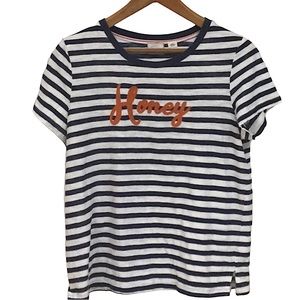 ANTHROPOLOGIE POSTMARK sz Small T Shirt Striped ‘Honey’ Shirt Sleeves Blue White